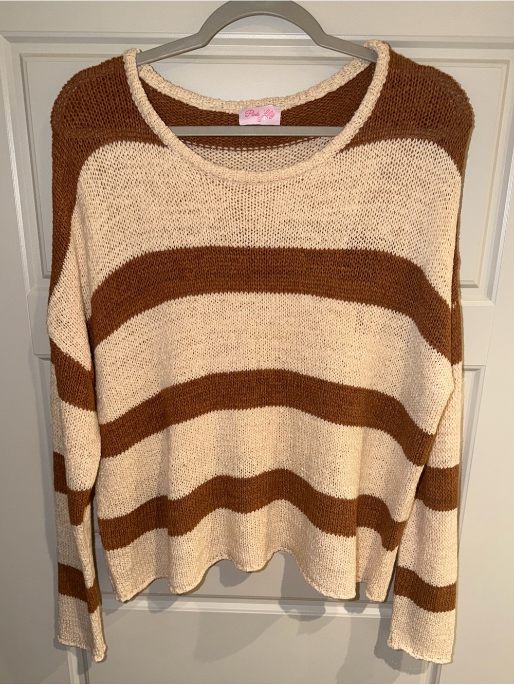 Pink Lily Cream & Brown Striped Scoop Neck Sweater